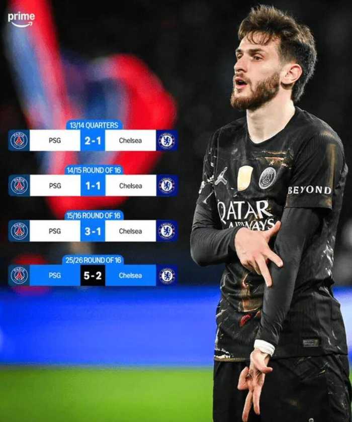 巴黎5比2大胜切尔西，蓝军近4次客战巴黎未尝胜绩